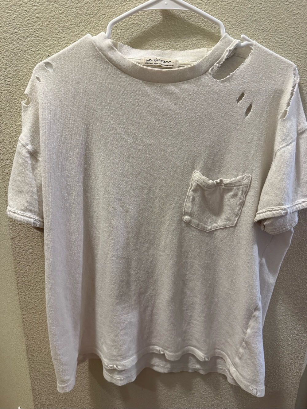 We The Free Off-White Distressed Short Sleeve Pocket Tee